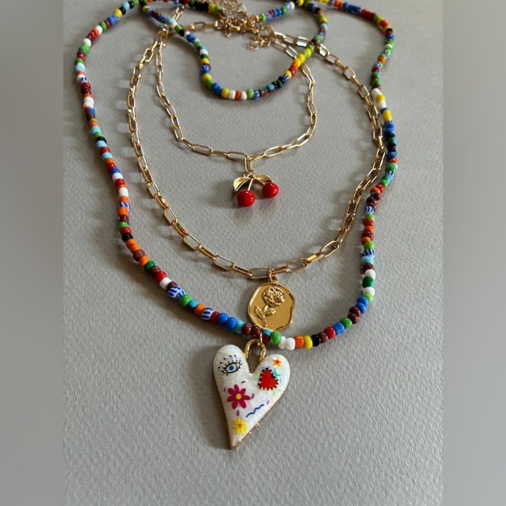 Colorful Beaded Heart Necklace Set M558 - Picture 4 of 5